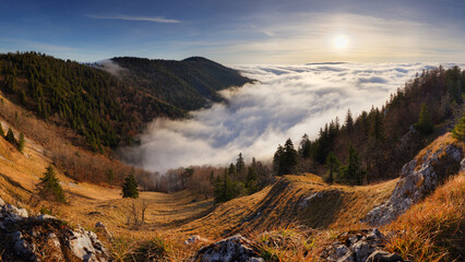 Rocky Panorama of sunset in mountain valley landscape