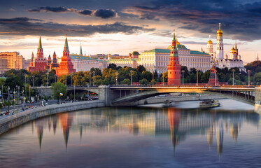 Russia, Moscow city skyline at sunset
