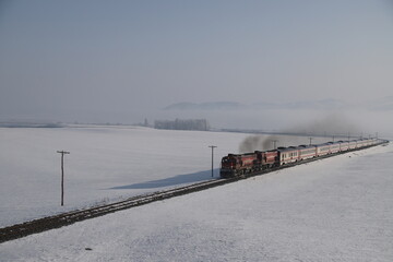 Red diesel train (East express) in motion at the snow covered railway platform - The train...