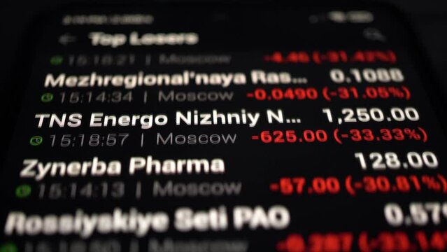 Screen with quotes of the falling Russian stock market. Crisis, crush, panic on the stock exchange due to the crisis in Ukraine.