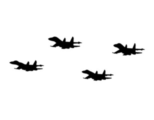 Aerobatic team of fighter aircrafts. Vector silhouette