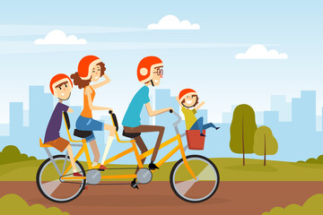 Happy Family Riding Bike Engaged in Weekend Activity Vector Illustration