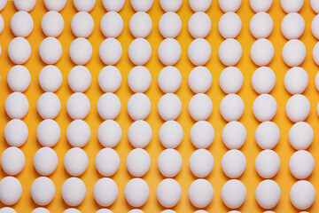 Pattern from white chicken eggs on yellow background top view. Creative food minimalistic background.