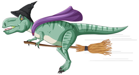Tyrannosaurus rex dinosaur riding on broomstick in cartoon style