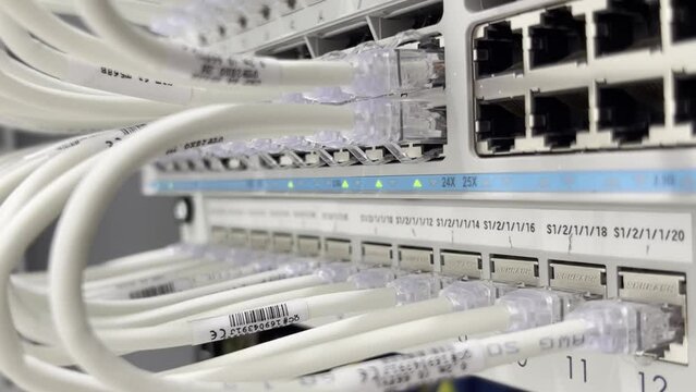 IT rack with switch and patch panel connect with patch cables cat6 between them. Some free ports that can be used later.