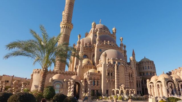 Ornate Al Sahaba Mosque against blue sky, old town of Sharm El Sheikh, Egypt