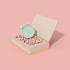 Concept of reading and time. An open book with an alarm clock and abstract pearls inside are on a pink background. Modern minimalist composition in pastel colors. 3d render.