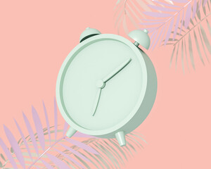 An alarm clock floats in the air on a pink background with palm branches. Abstract concept of time, morning awakening in pastel colors. 3d render.