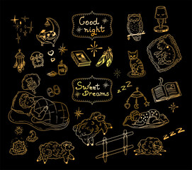 Obraz na płótnie Canvas Gold set of drawings of cute handdrawn vector illustrations on the theme of sleep