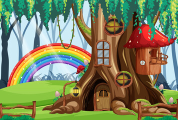 Fairy boomhut in het bos met regenboog
