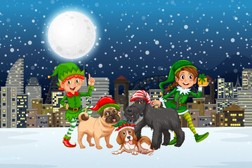Snowy winter night with Christmas elves and cute dogs