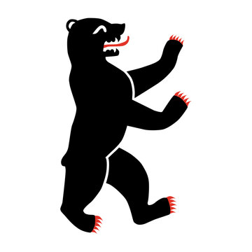 A bear standing on its hind legs. Stylized under heraldic images, a drawing of a bear with a black body, red claws and tongue. The symbol of the city of Berlin. Vector illustration isolated on a white