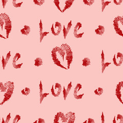 Vector seamless pattern with text LOVE on pink background