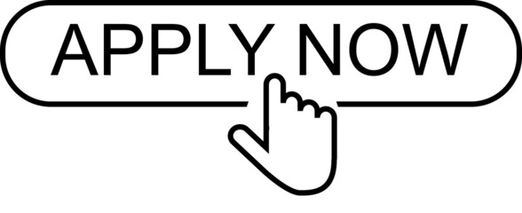 Apply now icon button in line style. flat Finger cursor isolated on white isolated background. Click button for app and web design