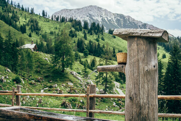 Wooden trough with drinking fountain in the Alps in Austria around Filmzmoos