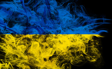 The Ukraine flag in smoke waving on black background. Concept of conflict of Ukraine against the Russia. International commercial tension crisis and war in Europe. 3D illustration