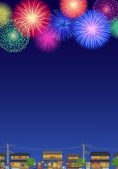 打ち上げ花火と街並みと提灯の夏祭りのベクターイラスト背景(暑中見舞い,ポスター, 住宅, 家,街, 町並み, 町, フレーム)