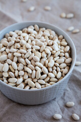 Raw Organic Dry White Beans in a Gray Bowl, side view.