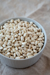 Raw Organic Dry White Beans in a Gray Bowl, side view.