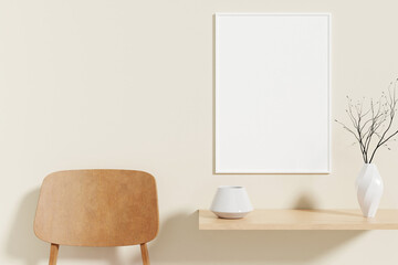 Minimalist and clean vertical white poster or photo frame mockup on the wooden table in living room