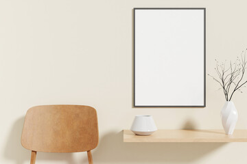 Minimalist and clean vertical black poster or photo frame mockup on the wooden table in living room