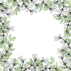 Branches with leaves on the background. Watercolor and linear style.