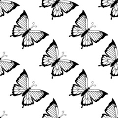 Butterfly black silhouettes seamless border pattern. Isolated in white background vector wallpaper background texture tile