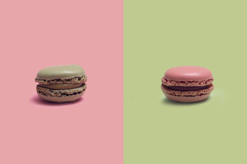 Soft pop artisan patisserie minimal concept. Two different macarons against green and pink background