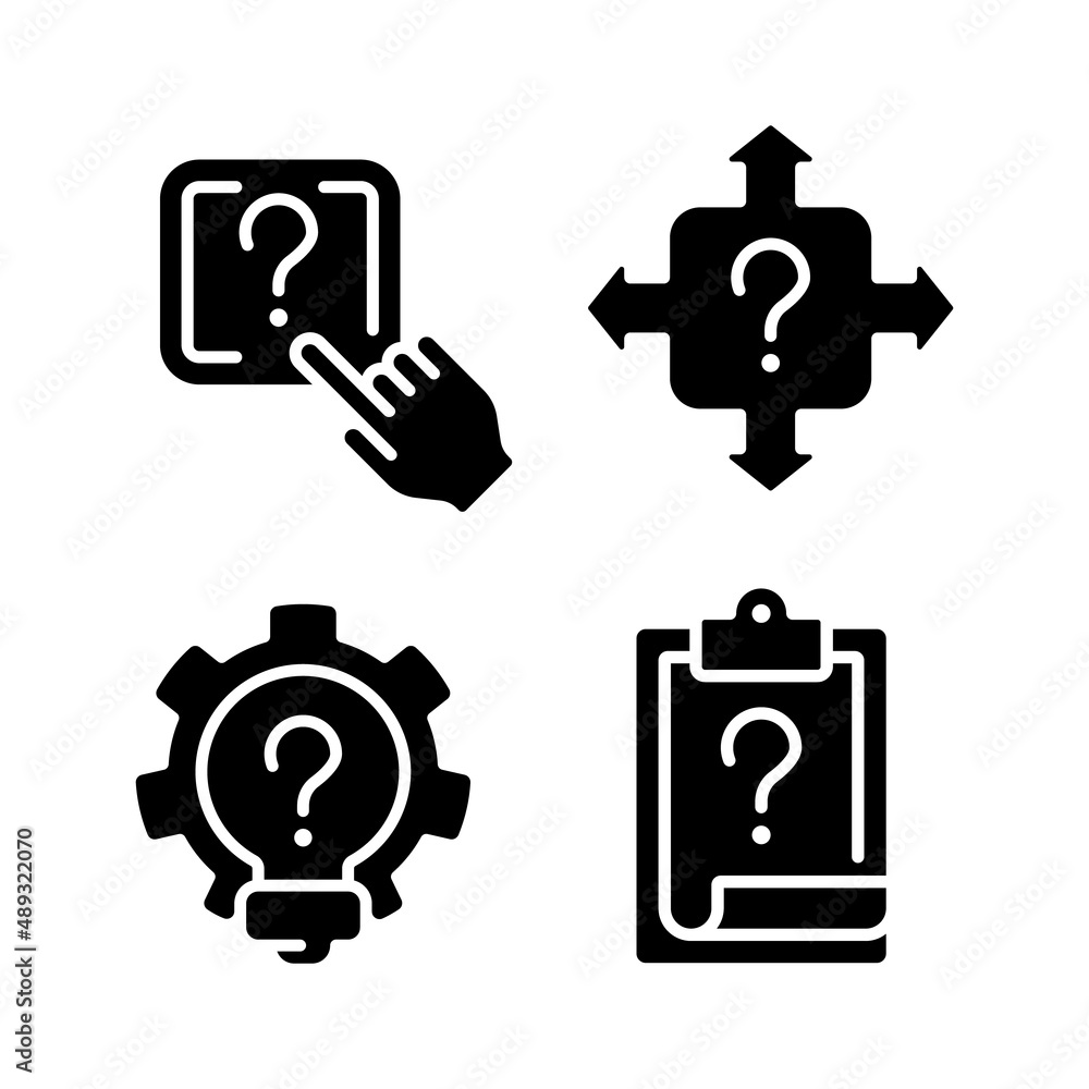 Poster questions and answers in technical support black glyph icons set on white space