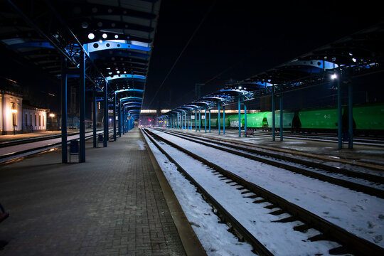 Railway station Lyubotin, Kharkiv region, Ukraine at winter night. Photo taken on 13.02.2022