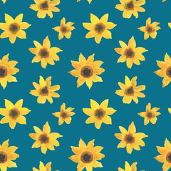 Fototapeta na wymiar Watercolor floral seamless pattern with hand drawn sunflowers