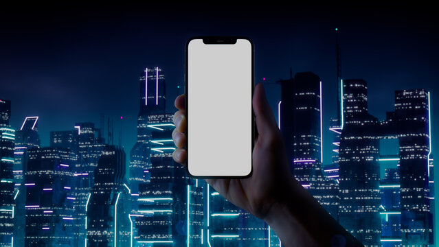 Futuristic Smartphone Mockup, with Purple and Cyan neon City Skyline Background.