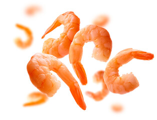 Boiled prawns levitate on a white background