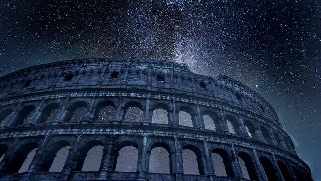 Timelapse of milky way and Colosseum in Rome, Italy