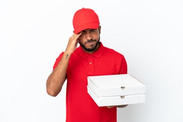pizza delivery man picking up pizza boxes isolated on white background with headache
