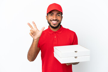 pizza delivery man picking up pizza boxes isolated on white background happy and counting three with fingers