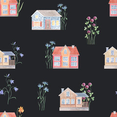 Watercolor seamless pattern with cute rural house and flowers. Vintage houses and bright hand-drawn meadow florals. background for postcard, poster, birthday, background, Greeting card, invitation.