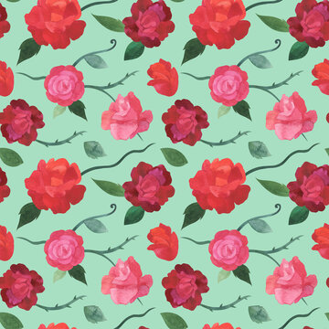 Watercolor seamless pattern with pink and red roses