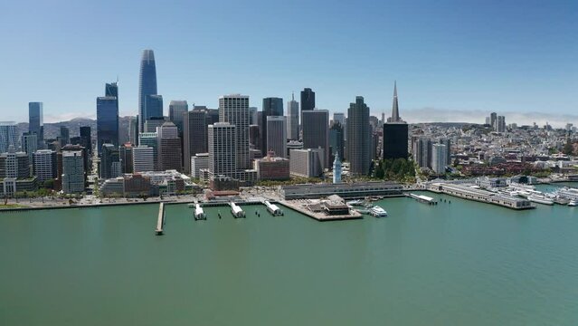 Super wide aerial panning shot of the Downtown San Francisco skyline on a clear day. 4K
