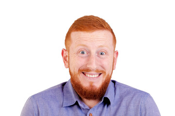 Red-haired, bearded man with an apologetic gesture. Funny portrait of ginger man with beard. High quality photo