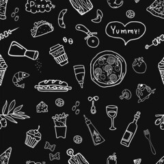 Seamless pattern with hand-drawn food elements. Outline vector illustration for t-shirt prints, posters and other uses.