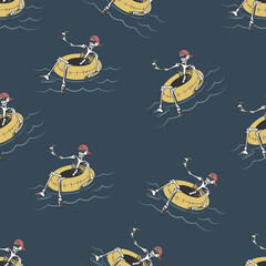 Seamless pattern with a skeleton in a swimming ring. Flat vector illustration
