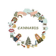 The concept of marijuana. Different elements in the circle and the word CANNABIS. Vector flat illustrations for t-shirt prints, posters and other uses.