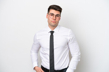 Business caucasian man isolated on white background laughing
