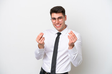 Business caucasian man isolated on white background making money gesture