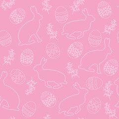 seamless easter pattern with hares and eggs on pink background