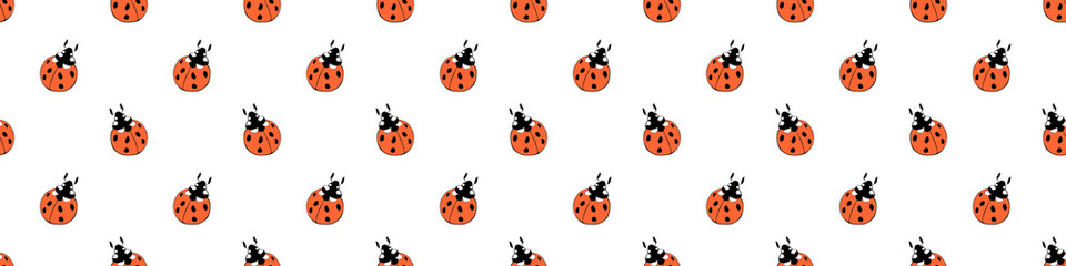 Vector seamless pattern of cute red ladybugs in doodle flat style. Bright background and texture on theme of nature, spring, summer, children print, isolated