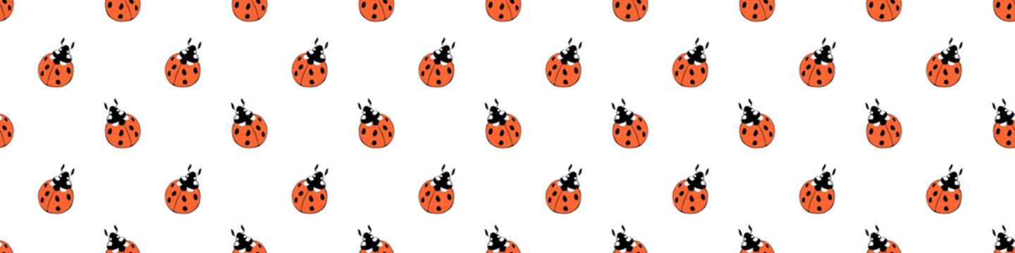 Vector seamless pattern of cute red ladybugs in doodle flat style. Bright background and texture on theme of nature, spring, summer, children print, isolated