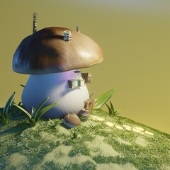 3d illustration of a mushroom house on a hill - house exterior with surroundings - spelling macro rendering