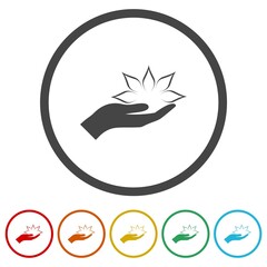 Lotus in hand logo ring icon, color set